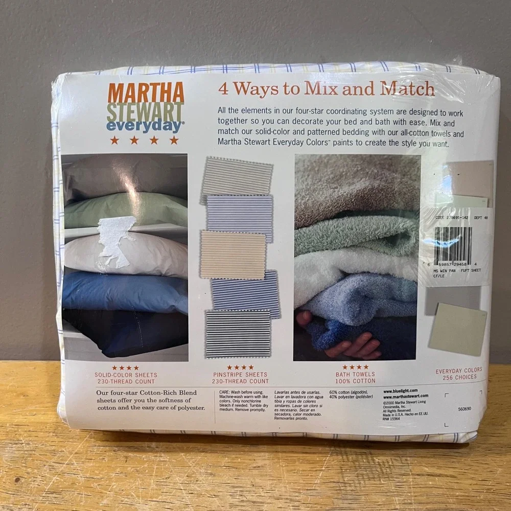 Vtg Martha Stewart Everyday Full Fitted Sheet 230 TC Plaid Blue Yellow 2000 NEW